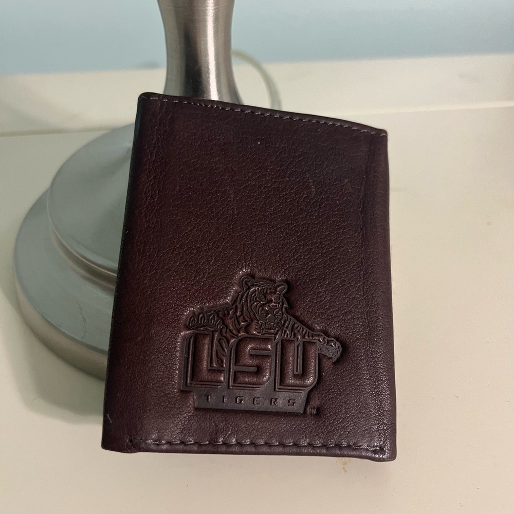 LSU Tigers Mens Leather Trifold Wallet Dark Brown Embossed Logo Collegiate